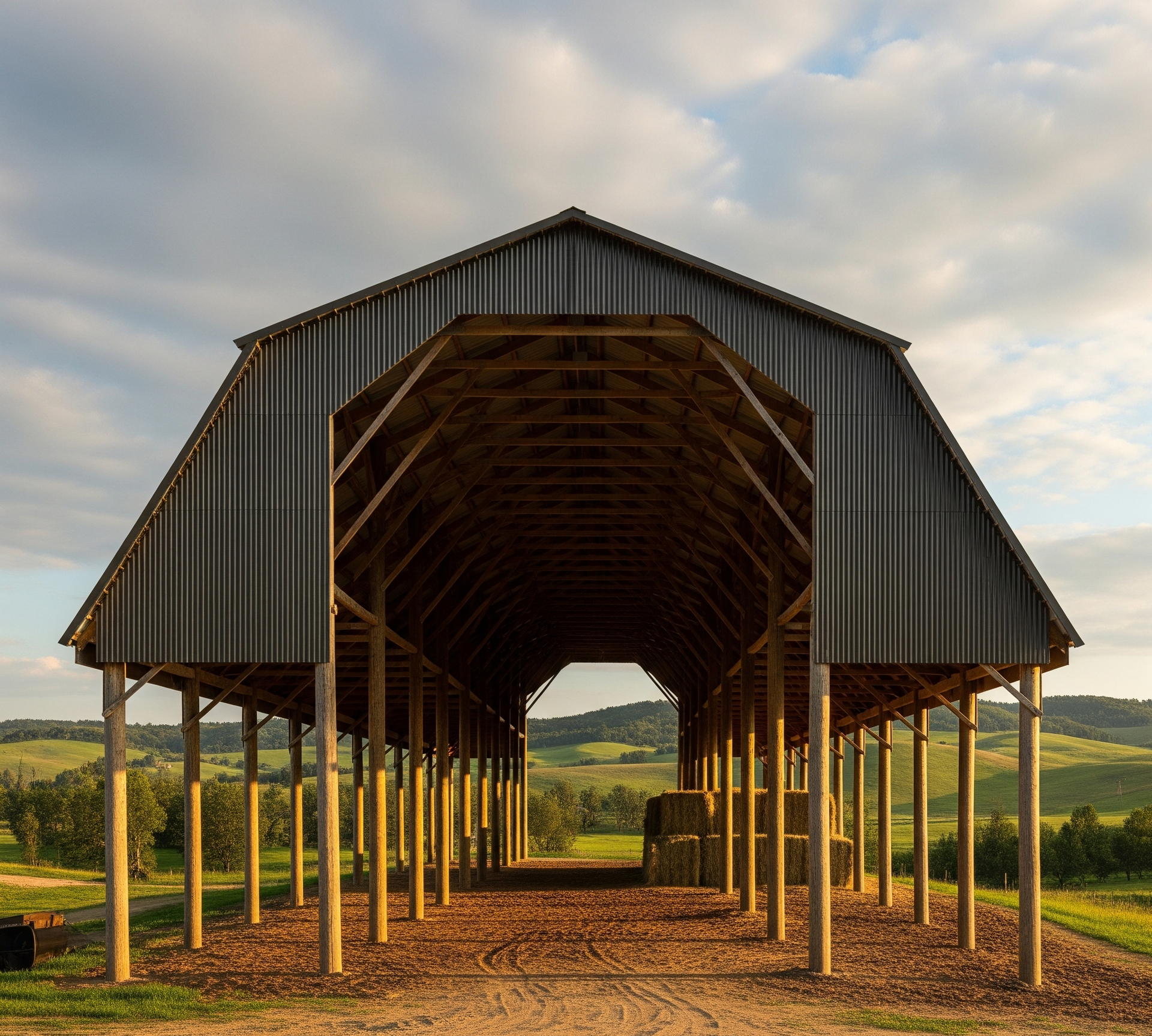 Open-sided barn with a metal roof, wooden supports, and hay bales, set in a grassy field with rolling hills.