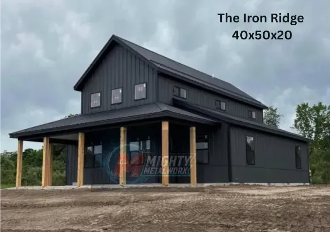 A dark gray metal building,