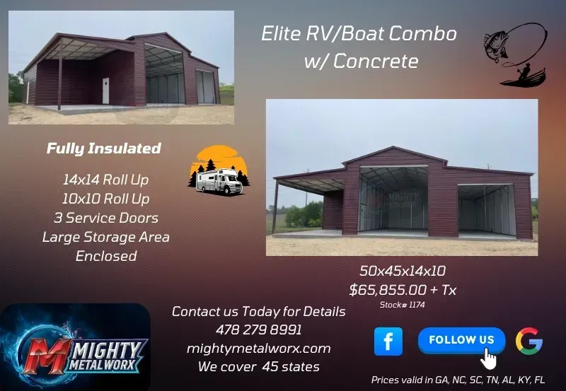 Advertisement for an RV/boat combo building with concrete, burgundy color, listing features, and price.