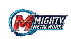 Logo with a red, faceted letter M inside a blue circular flame, next to the text "MIGHTY METAL WORX" in white and blue.