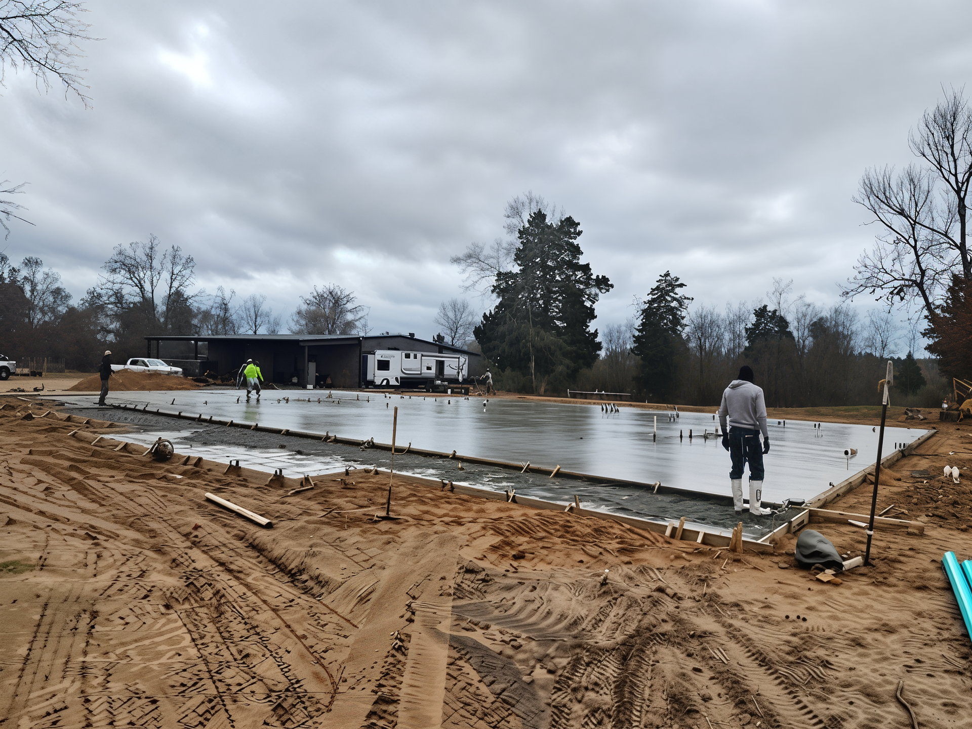 Construction site with wet concrete slab. Worker stands on the edge; building in the background. Cloudy sky.