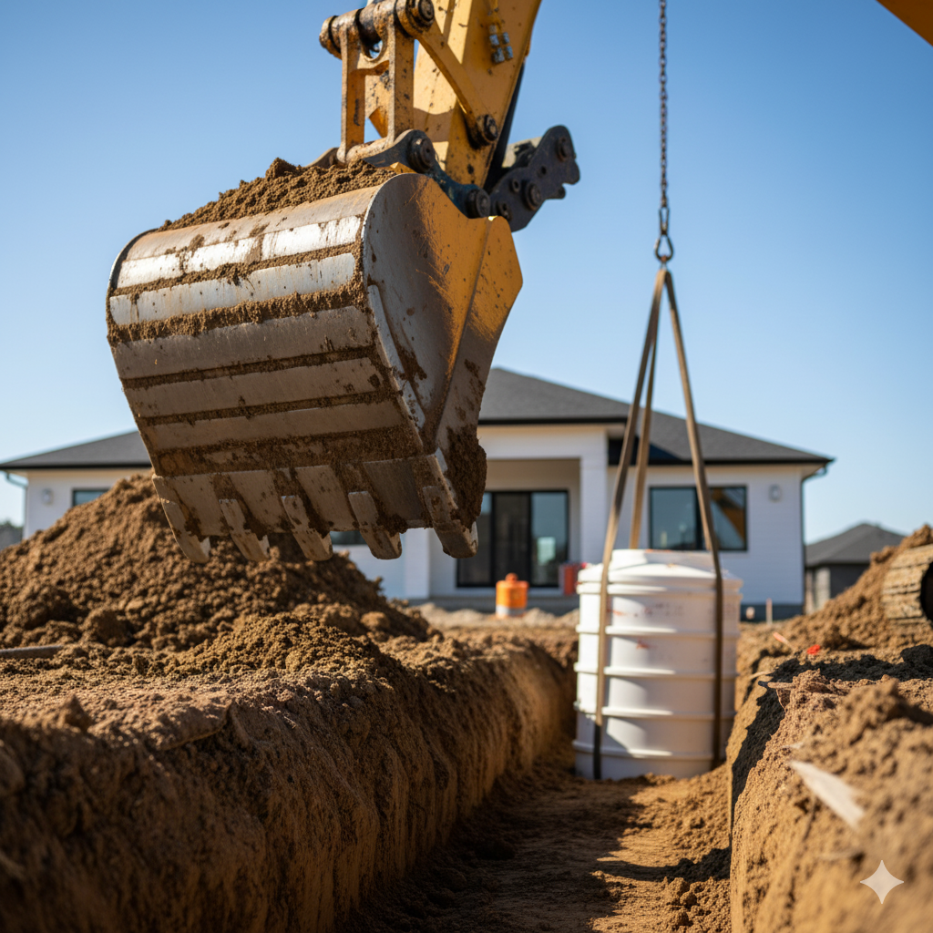 Excavator lowers a white septic tank into a trench at a construction site, house in the background.