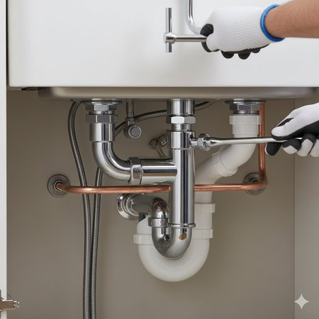 Plumber in gloves using wrenches to work on sink pipes under a white cabinet.