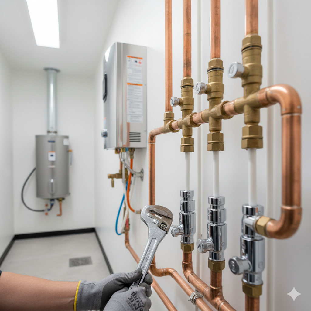 A person with a wrench adjusts copper pipes near a water heater in a utility room.