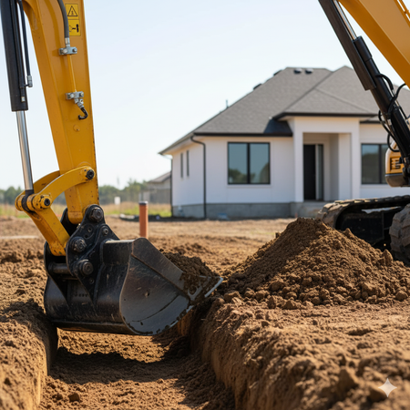 Yellow excavator digging a trench in front of a white house, construction site.