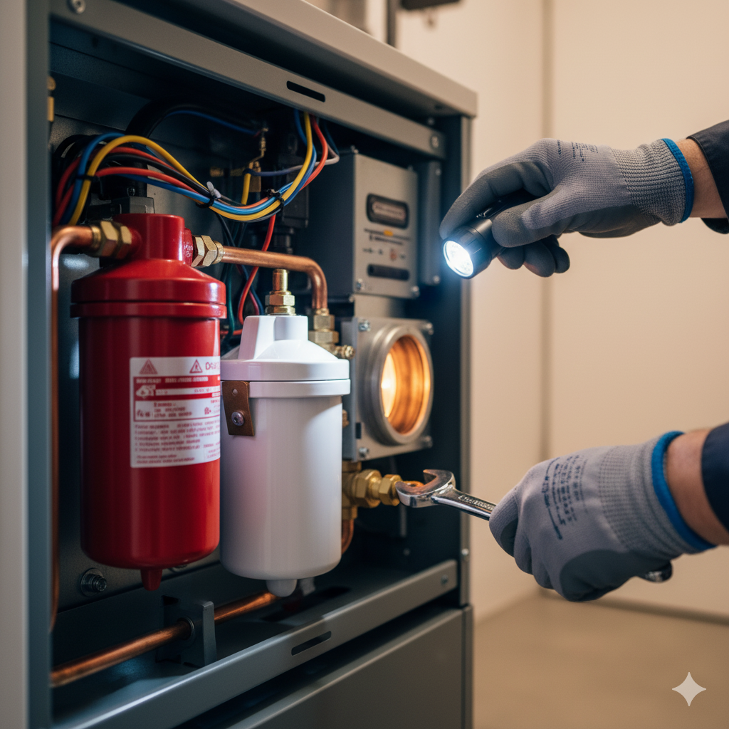 A person in gloves repairs a machine with a wrench and flashlight.