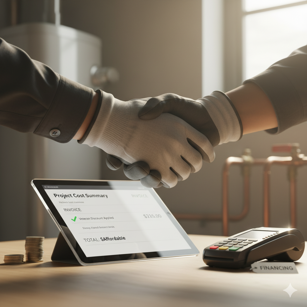 Two people shaking hands over a tablet and payment terminal, next to coins.