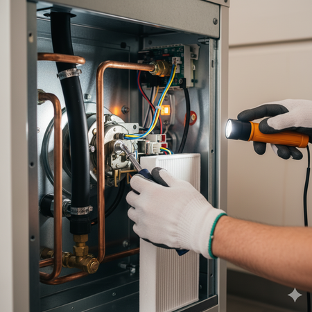 Person using flashlight and screwdriver to inspect the interior of a metal appliance with pipes and wires.