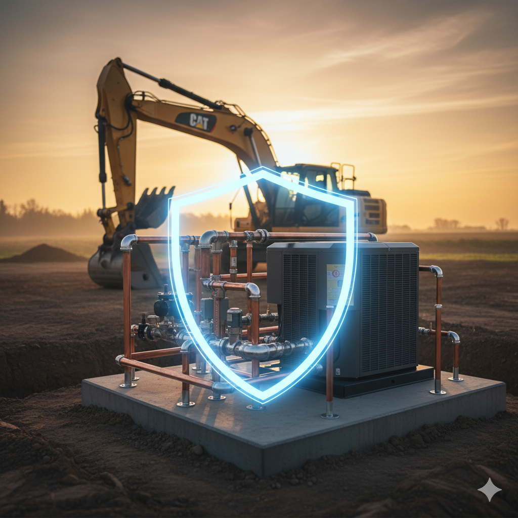 Excavator working near equipment, protected by a glowing blue shield on a construction site at sunset.