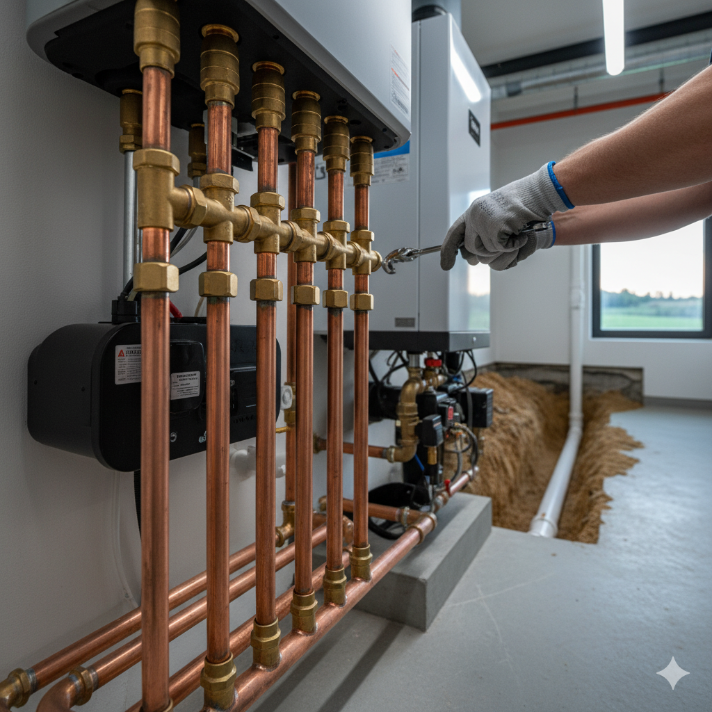 Plumber adjusting copper pipes with a wrench. Setting: indoor near an open trench.