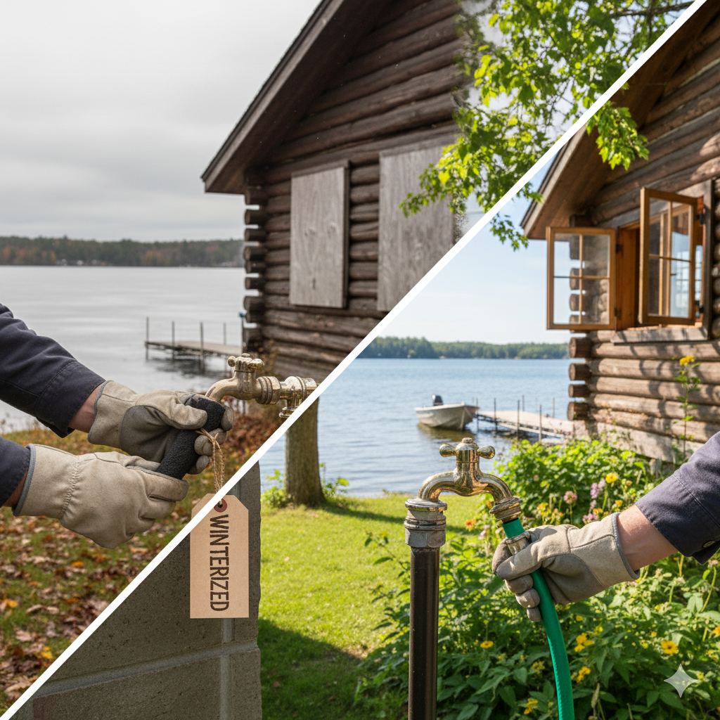 Vertically split photos: Winterizing a lake cabin's faucet and using a hose at the same faucet in summer.