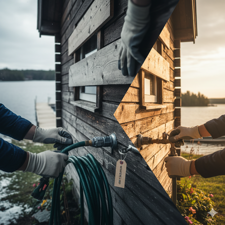Hands connecting a hose to an outdoor faucet on a wooden cabin, with a lake in the background.