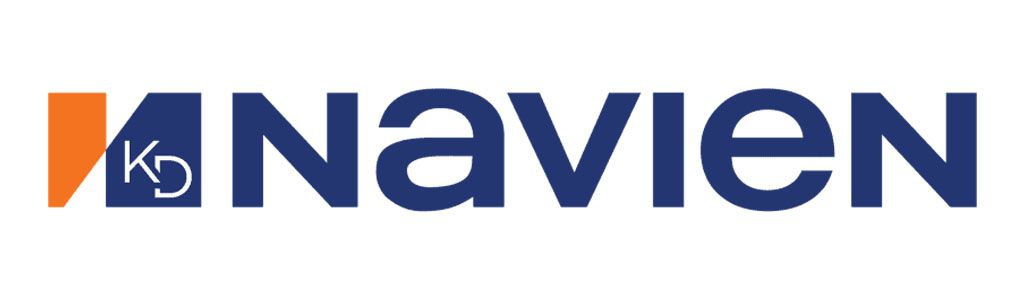 KD Navien logo: Orange and blue abstract shapes with white text on a white background.