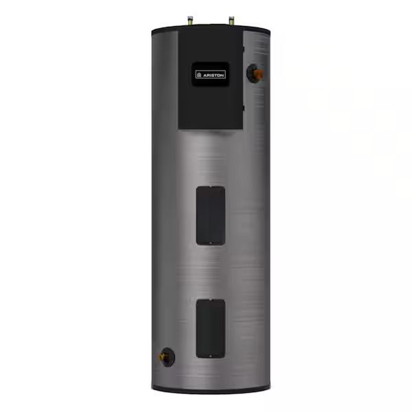 Tall, cylindrical hot water heater with a black top panel and three rectangular access panels.