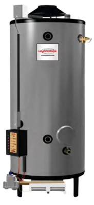 A tall, silver water heater with black top, black control panel, and gas fittings.