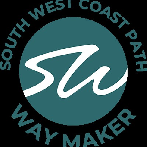 South West Coast Path logo with teal circle, white wave design, and 