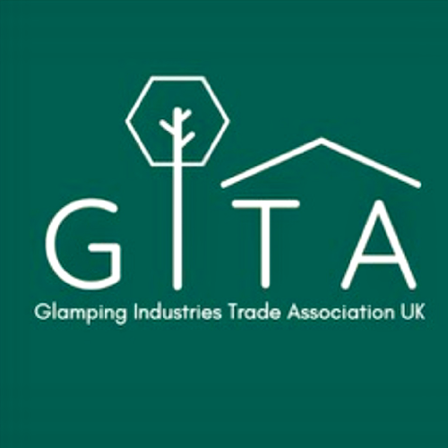 Logo of the Glamping Industries Trade Association UK: white text and tree/house icons on a teal background.