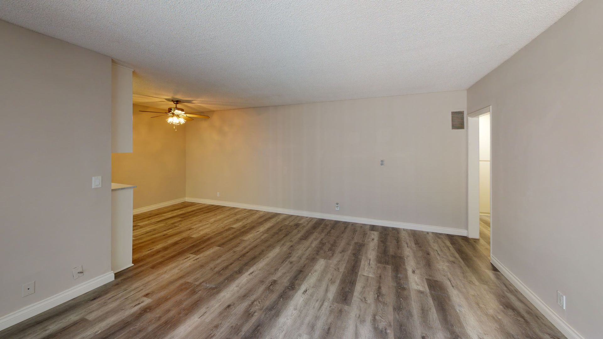 Empty living room with light brown walls and wood-look flooring, with doorway to the right.