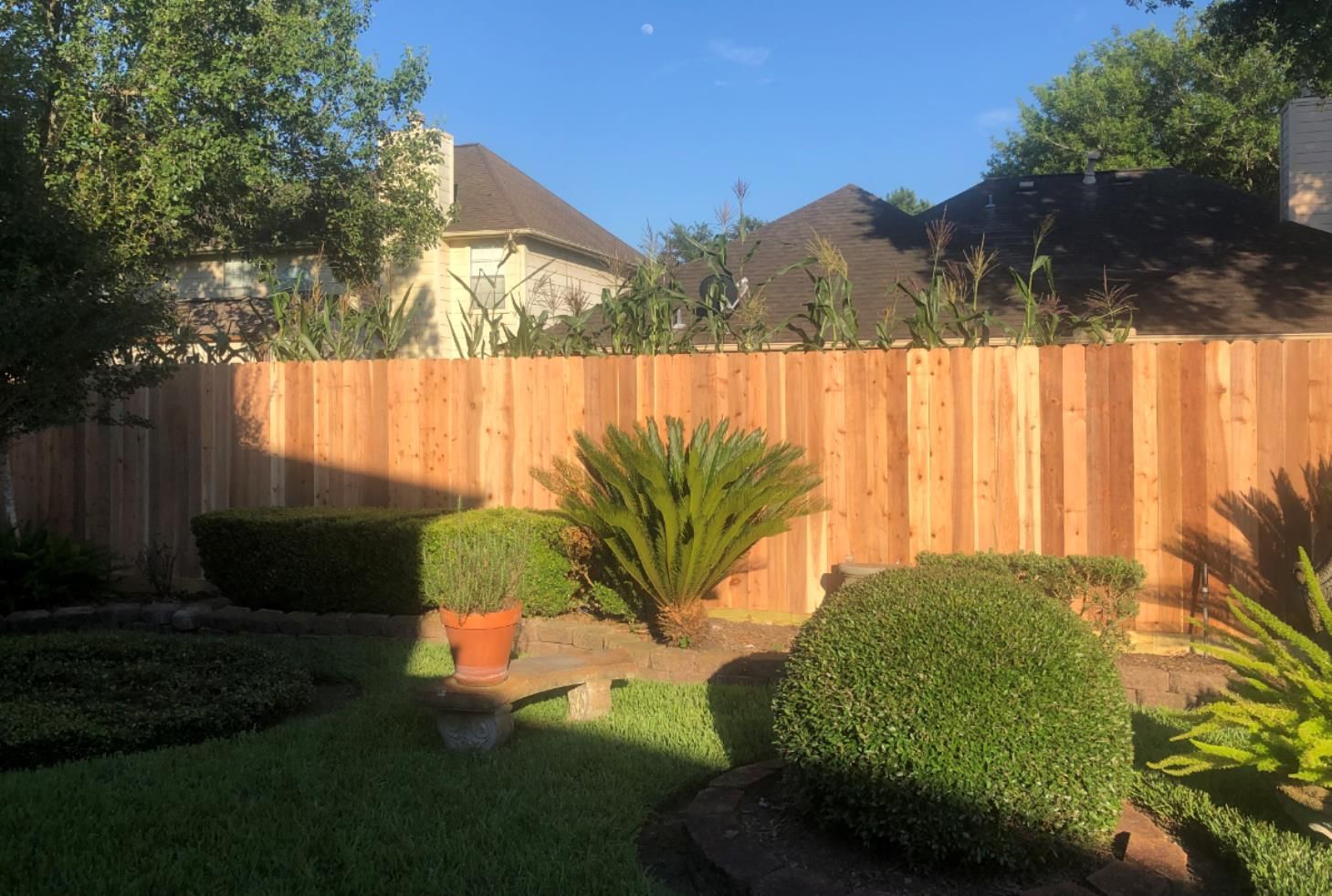 Aged wooden fence near new lumber boards.