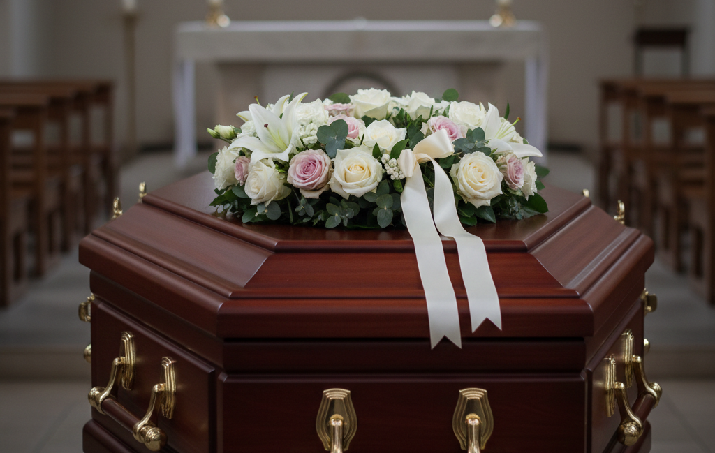 Bara di legno con composizione floreale in un ambiente religioso.