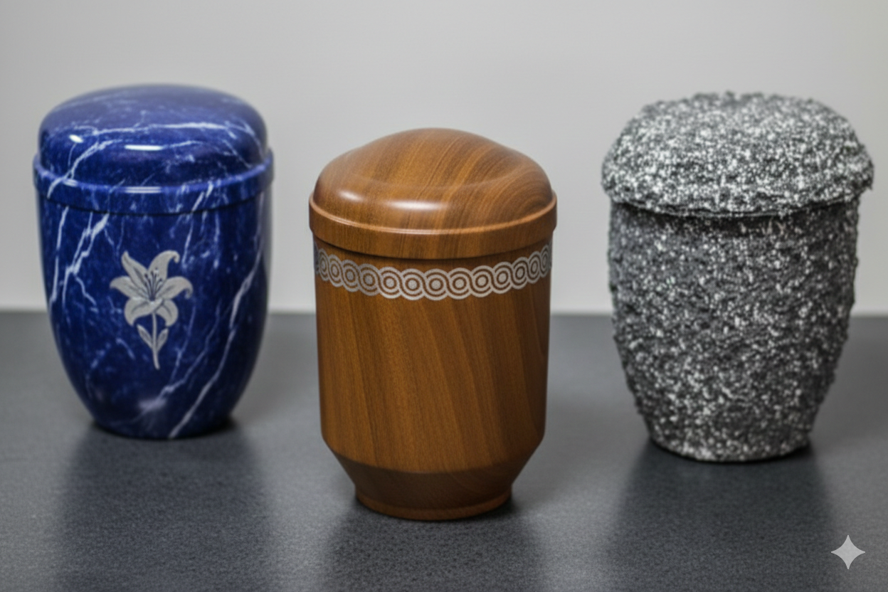 Tre urne cinerarie: in marmo blu con fiori, venature del legno e pietra maculata.