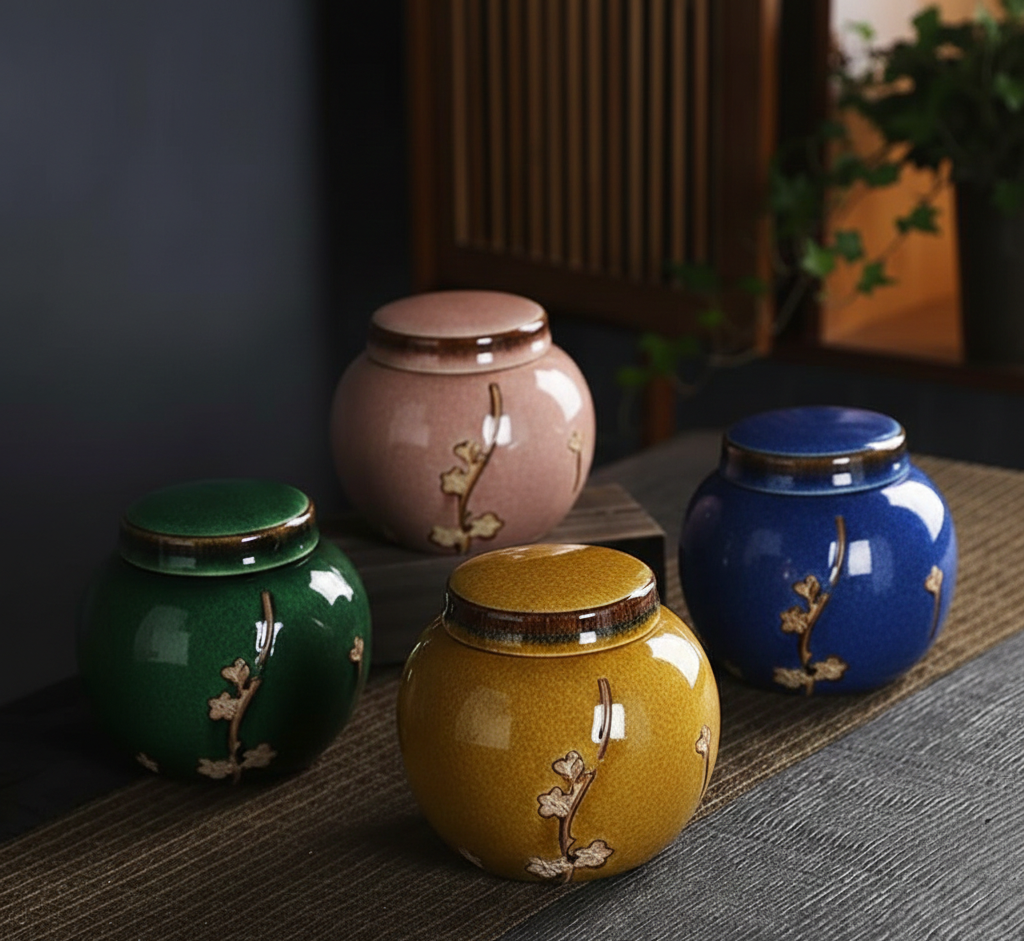 Quattro barattoli di ceramica colorati con coperchio, disposti su una superficie. Verde, rosa, blu e giallo con dettagli dorati.