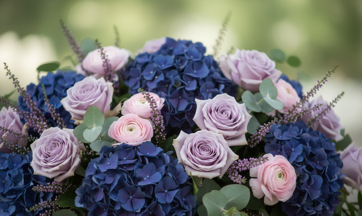 Ortensie blu, rose lavanda e ranuncoli rosa in una composizione floreale.