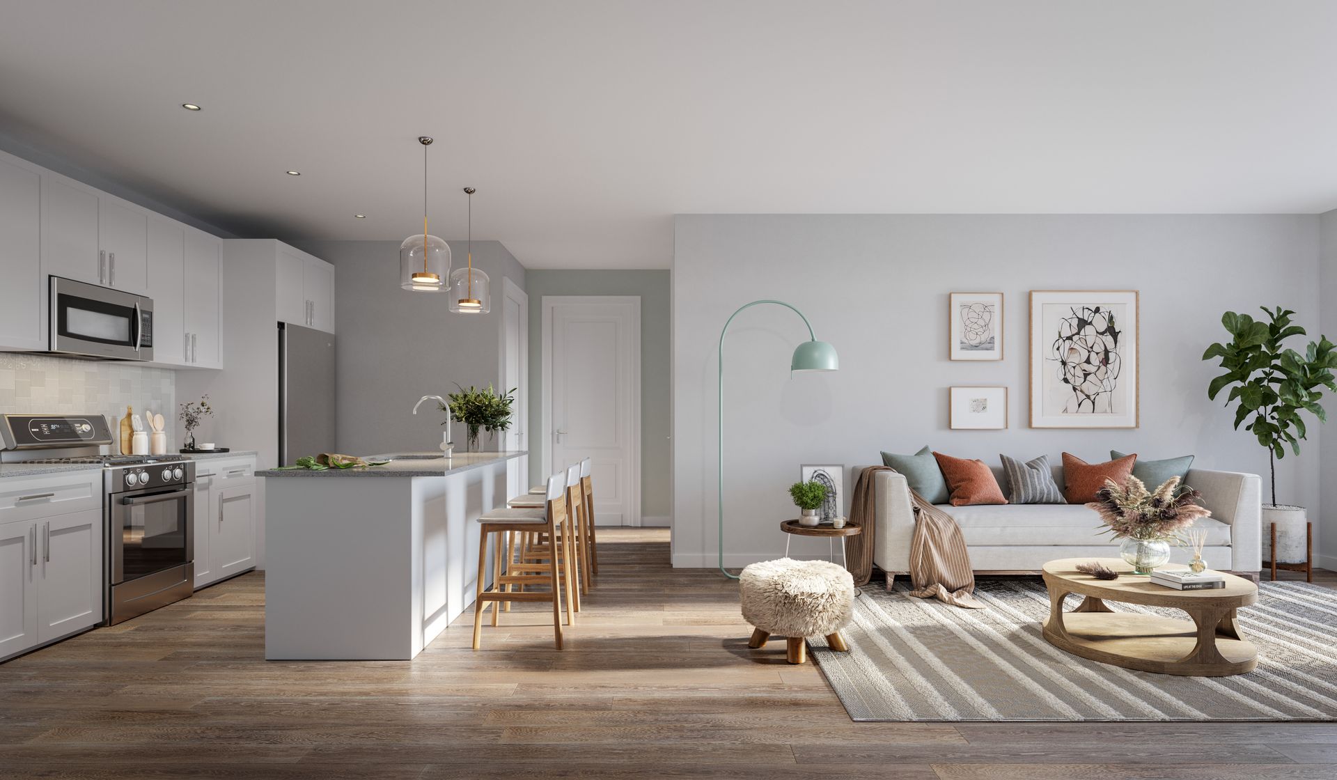 Open-concept apartment living room and kitchen.