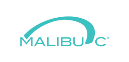 Logo for Malibu C hair products: teal arc over the brand name in teal letters.