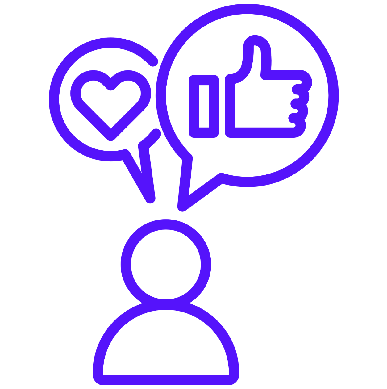 A person with a heart and a thumbs up in a speech bubble.