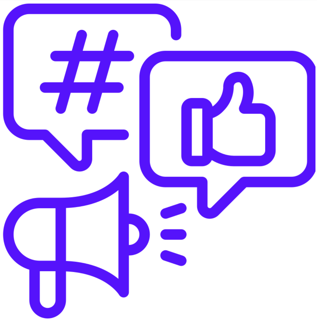 A purple icon of a megaphone , speech bubbles , and a thumbs up.