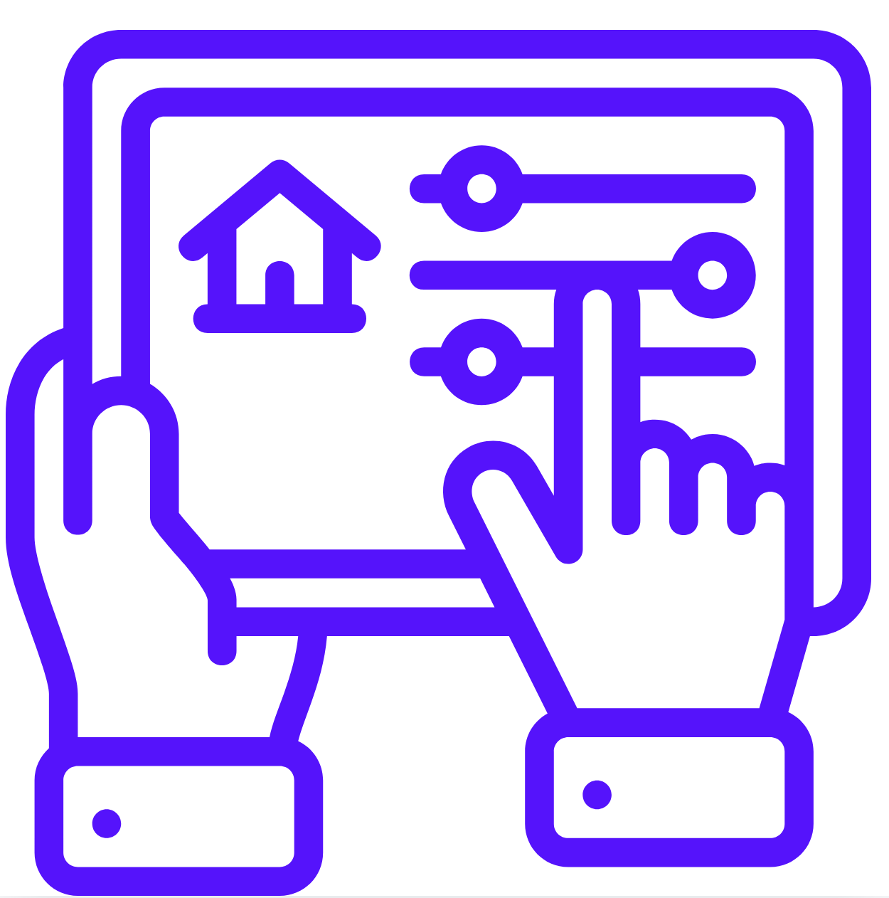 A hand is holding a tablet with a house and keys on it.