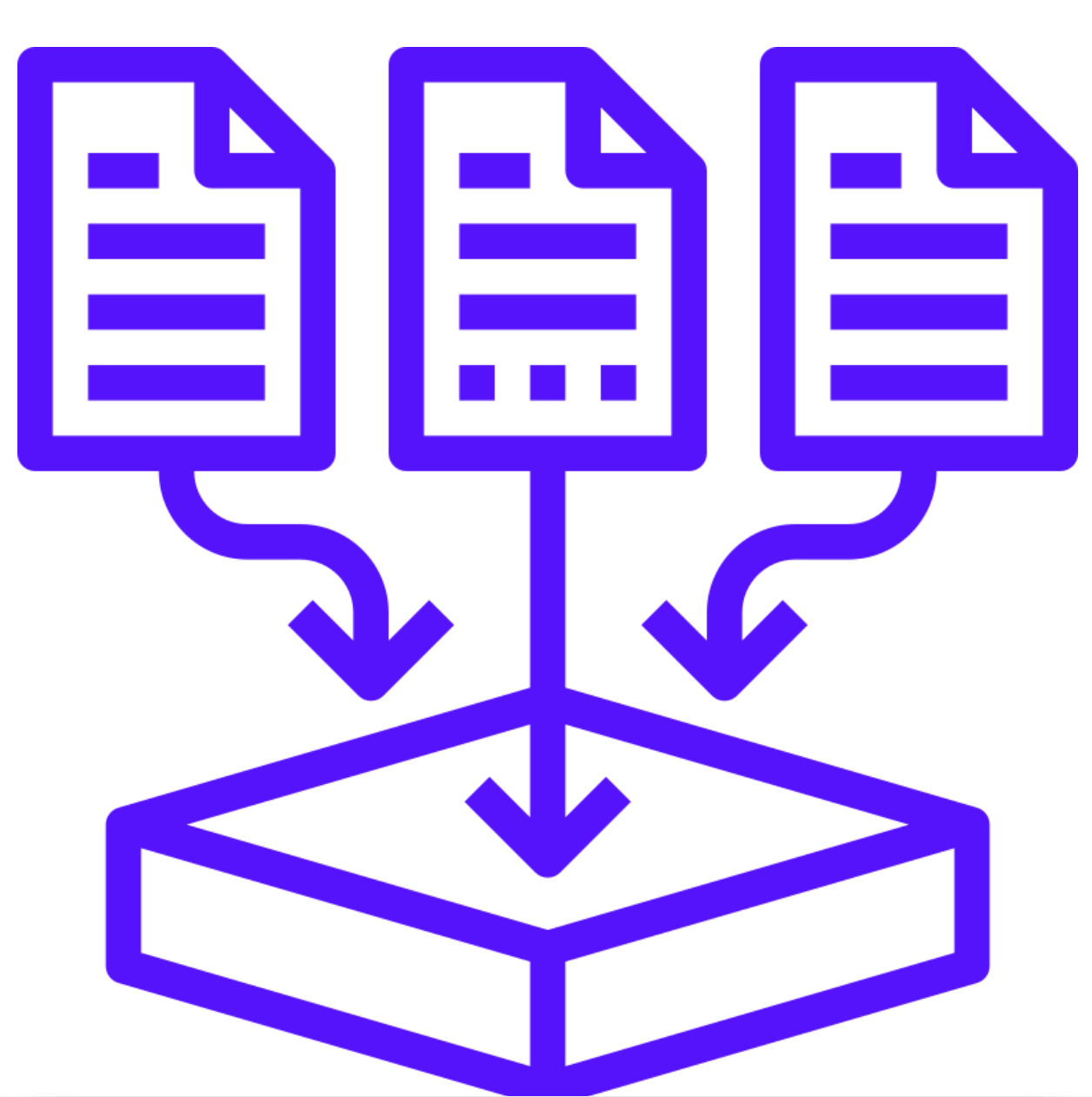 A purple icon of a box with three papers coming out of it.