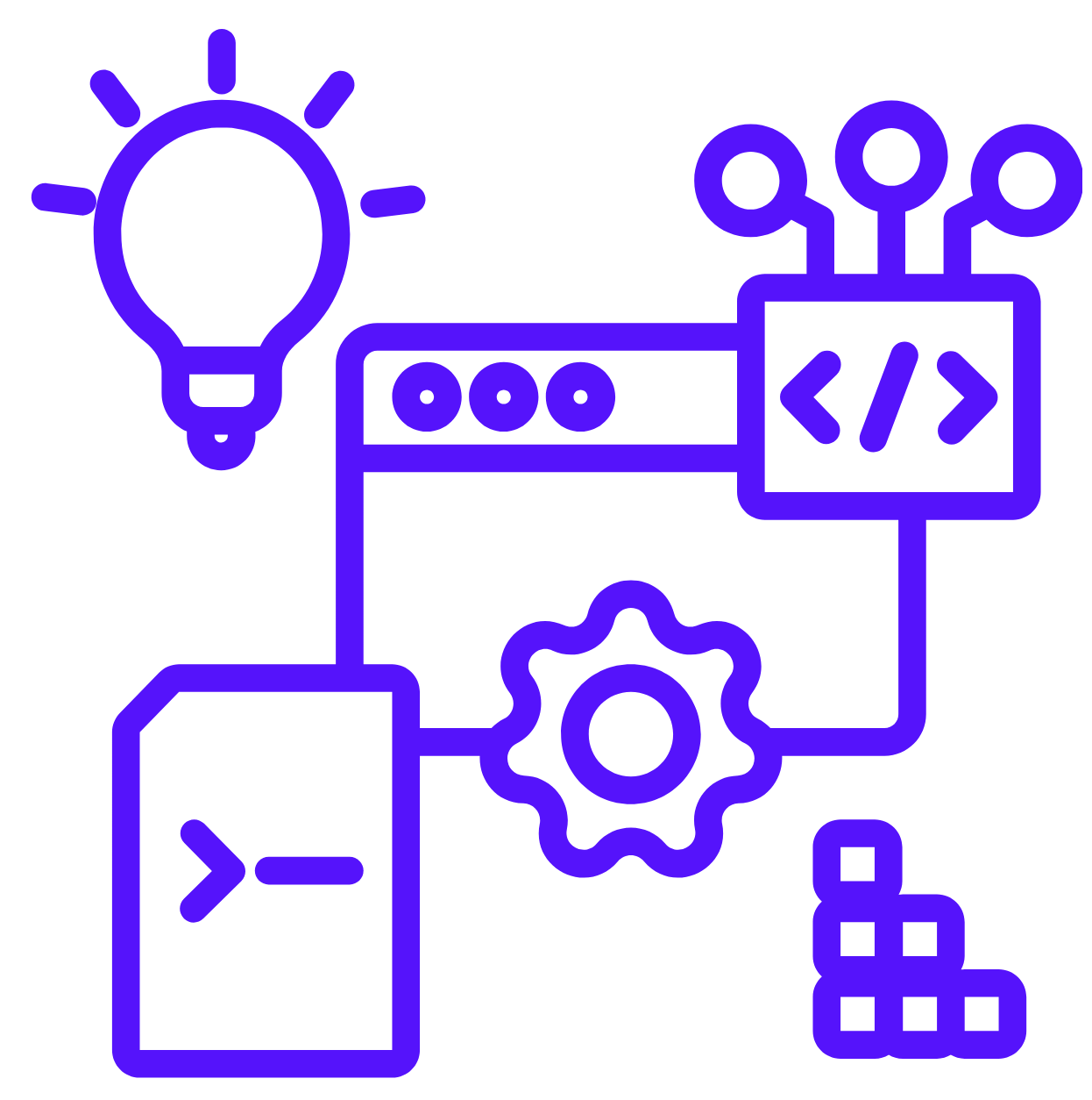 A purple icon of a light bulb , gears , a file , and a web page.