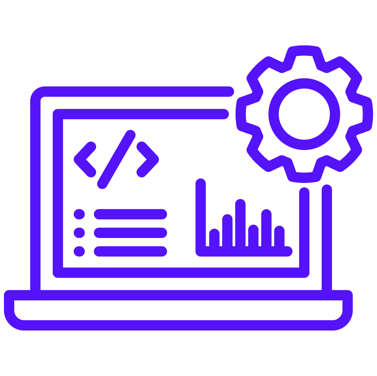 An icon of a laptop with a gear and a graph on it.
