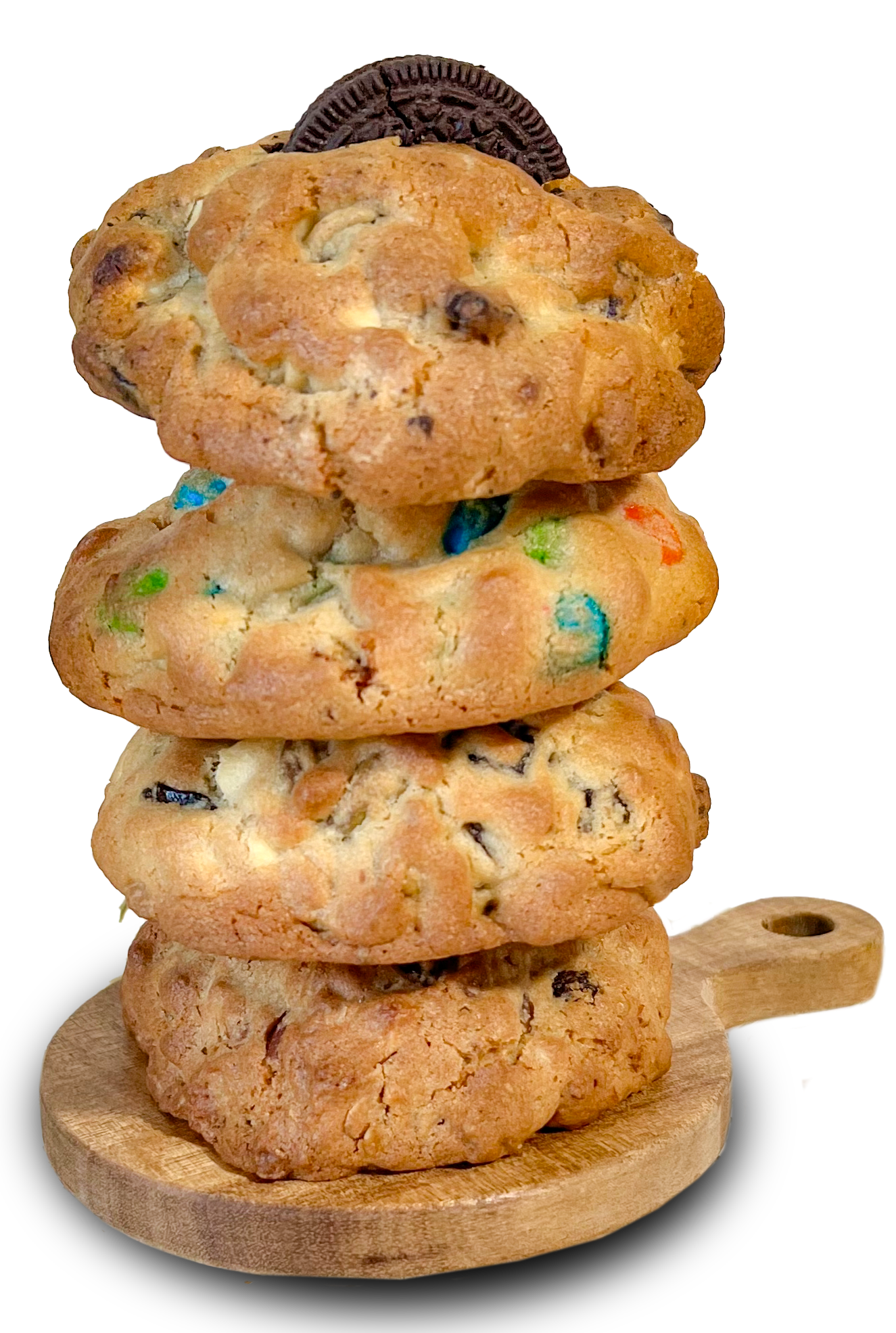 Four cookies are stacked on top of each other on a wooden cutting board