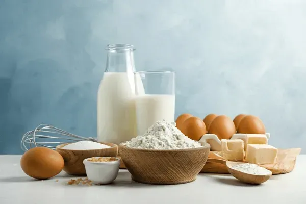 A table topped with bowls of flour , milk , eggs , butter and sugar.
