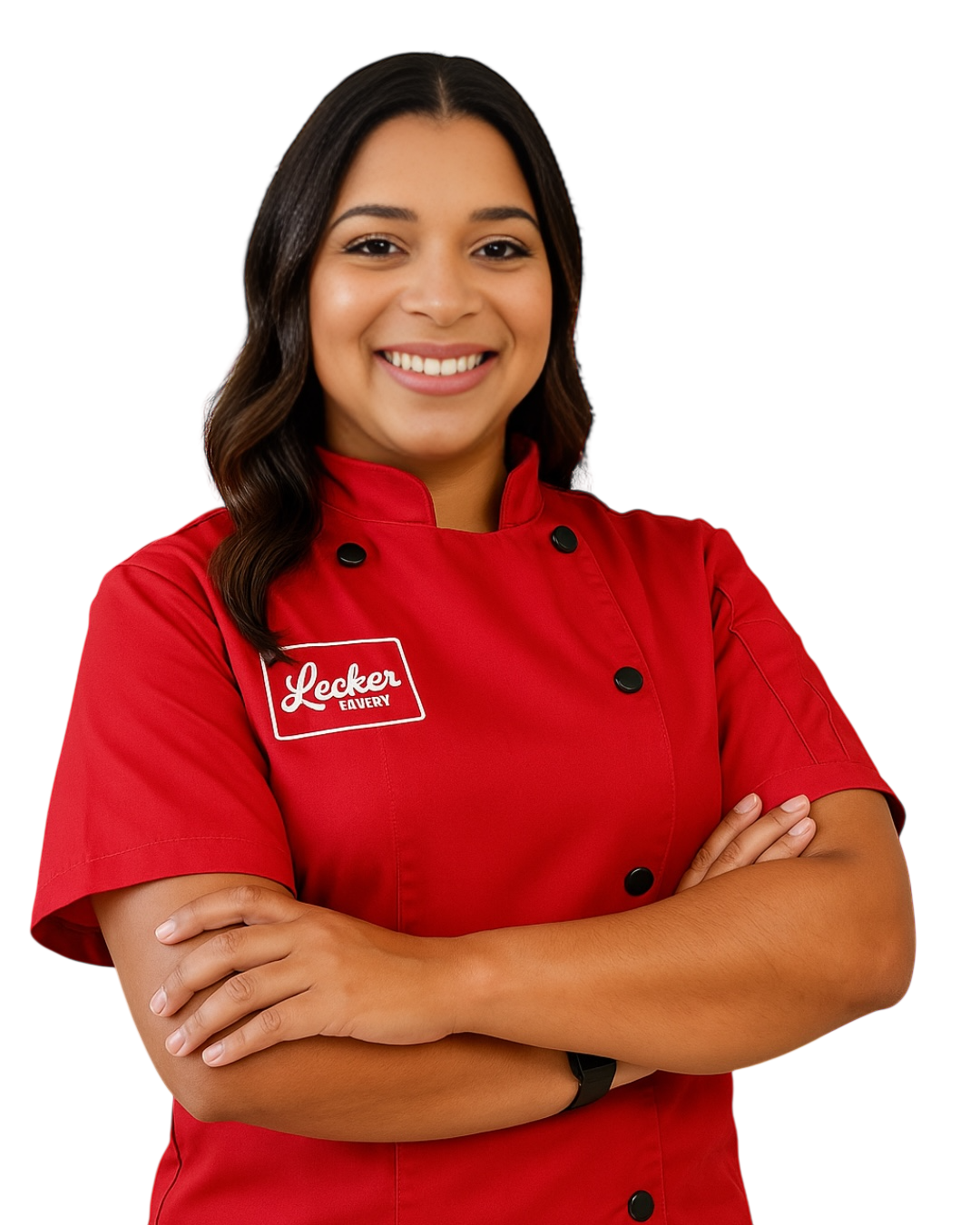 A woman in a chef 's coat is holding a whisk.