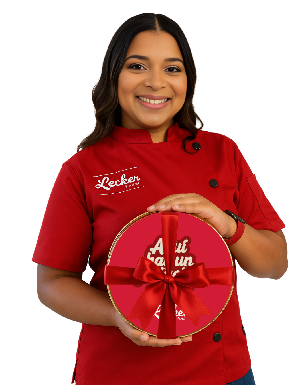 A woman in a chef 's uniform is holding a gift box with a bow.