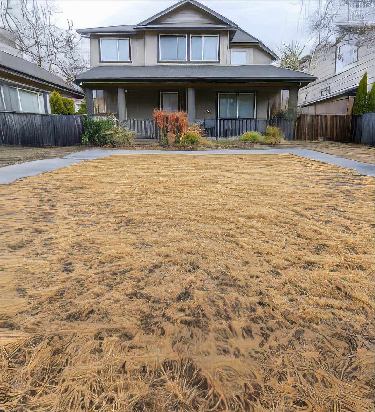 A large house with a lot of dirt in front of it.