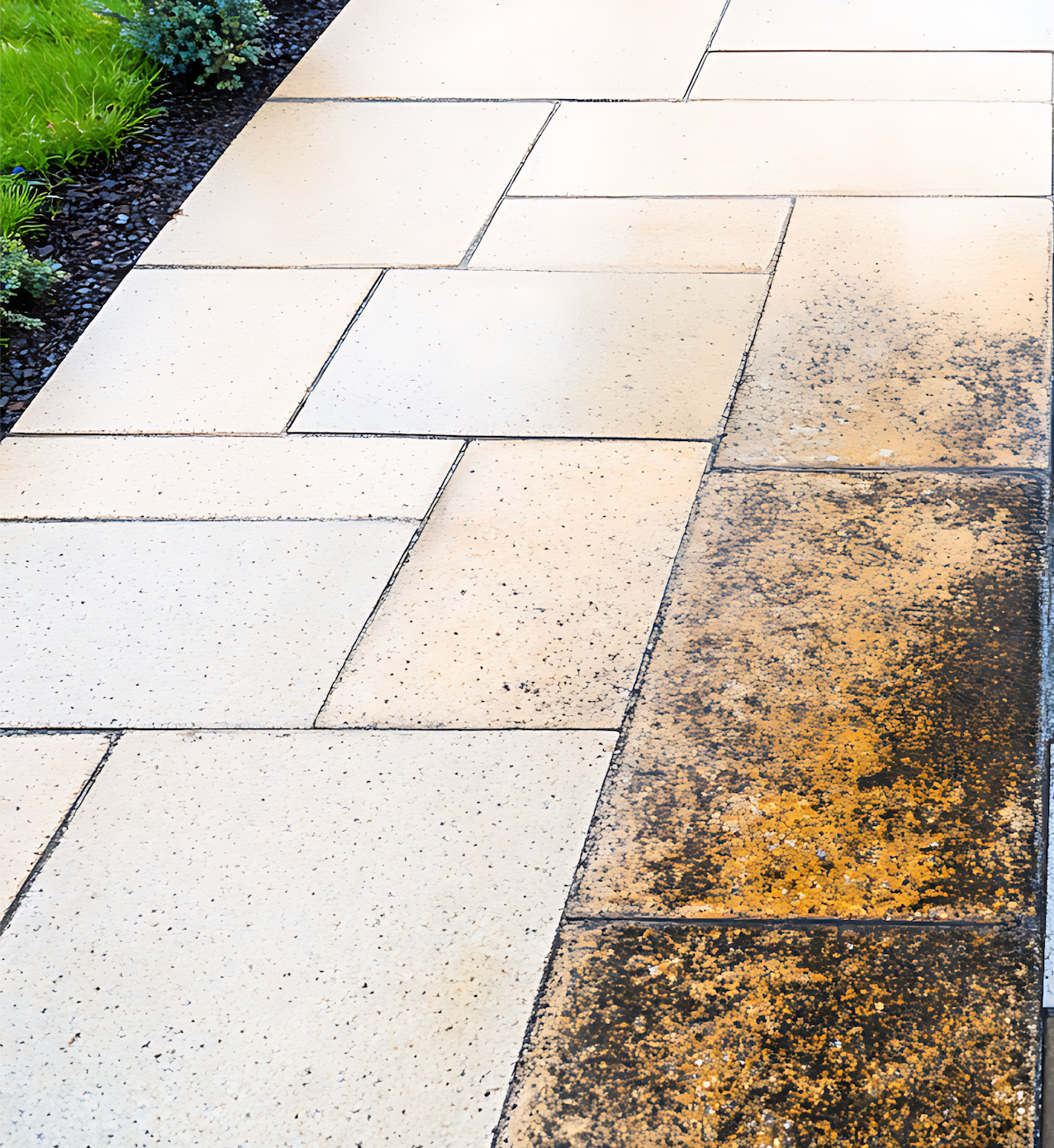 A before and after photo of a brick walkway