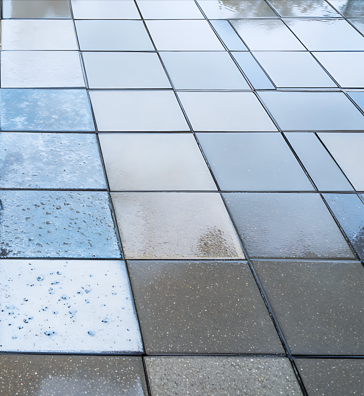 A close up of a tiled floor with different colored tiles