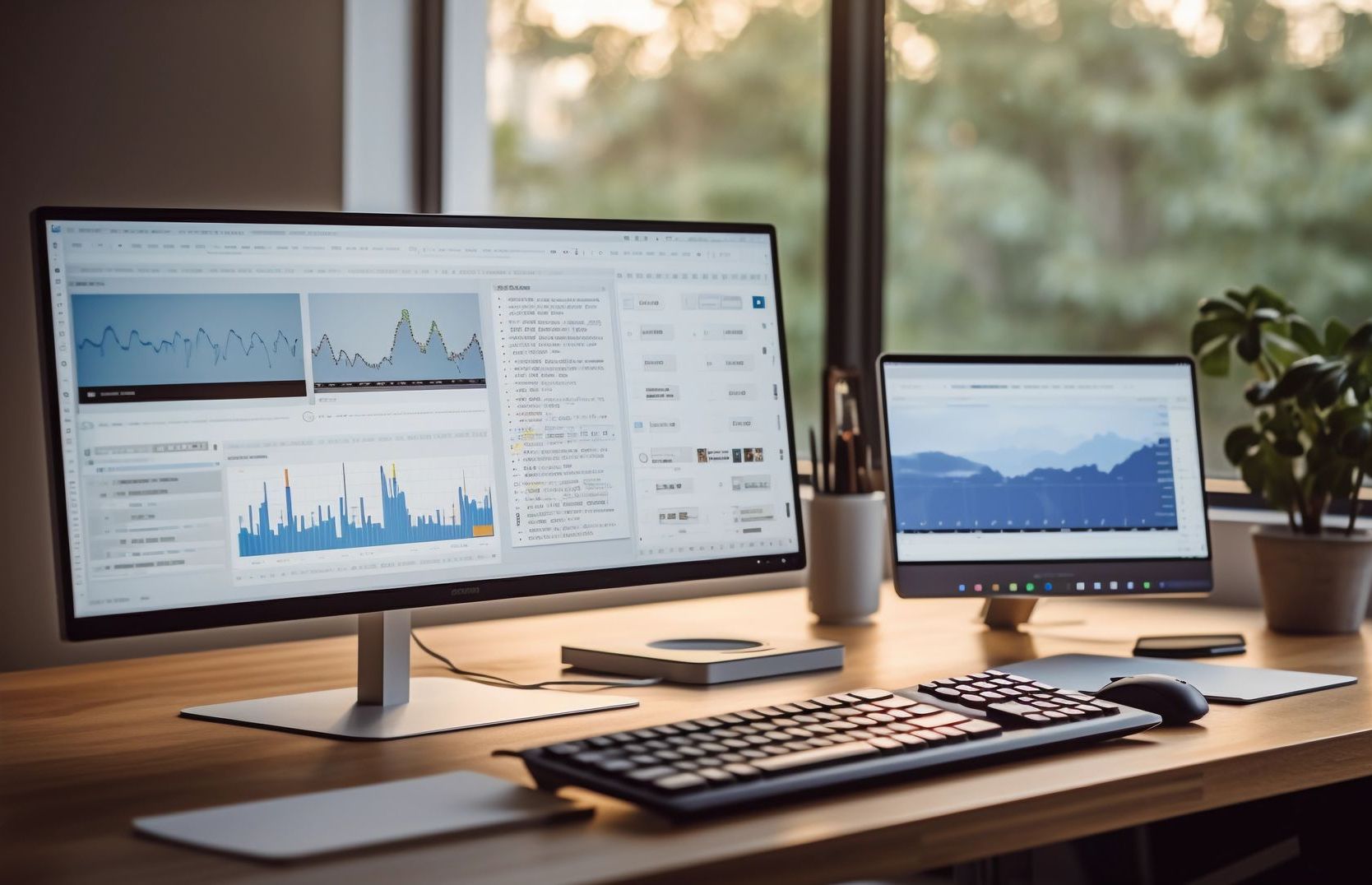 A computer monitor , keyboard , mouse and laptop are sitting on a wooden desk.
