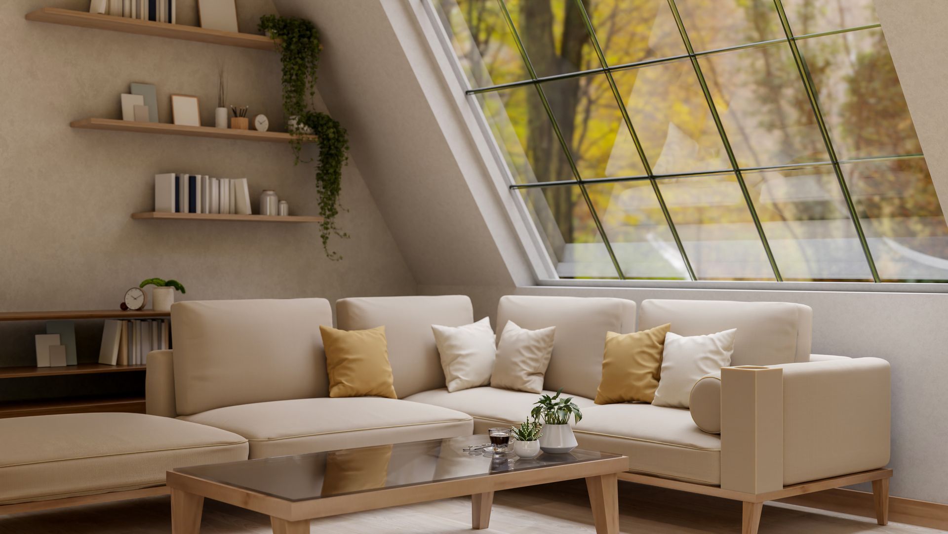 Back view of a house with a large wooden covered patio, a stone fire pit, outdoor seating, and surrounding trees.