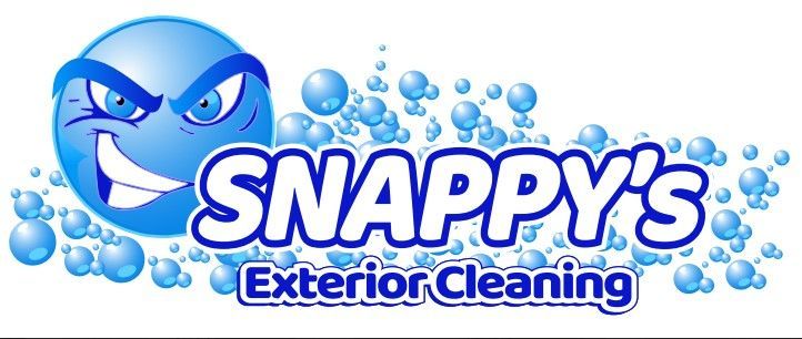 Logo for Snappy's Exterior Cleaning featuring a grinning blue face surrounded by bubbles.