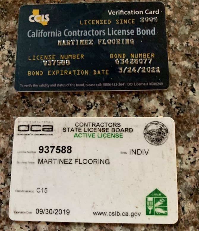 A verification card for california contractors license bond