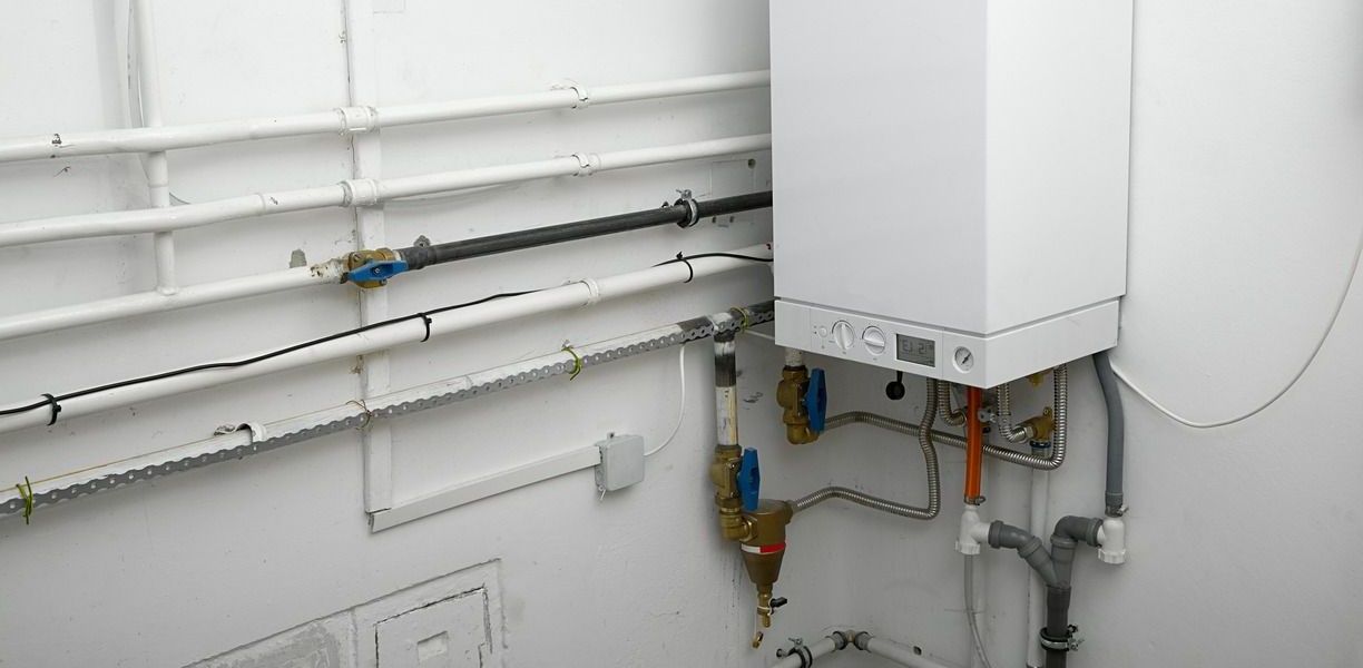 A room with a boiler and pipes on the wall.