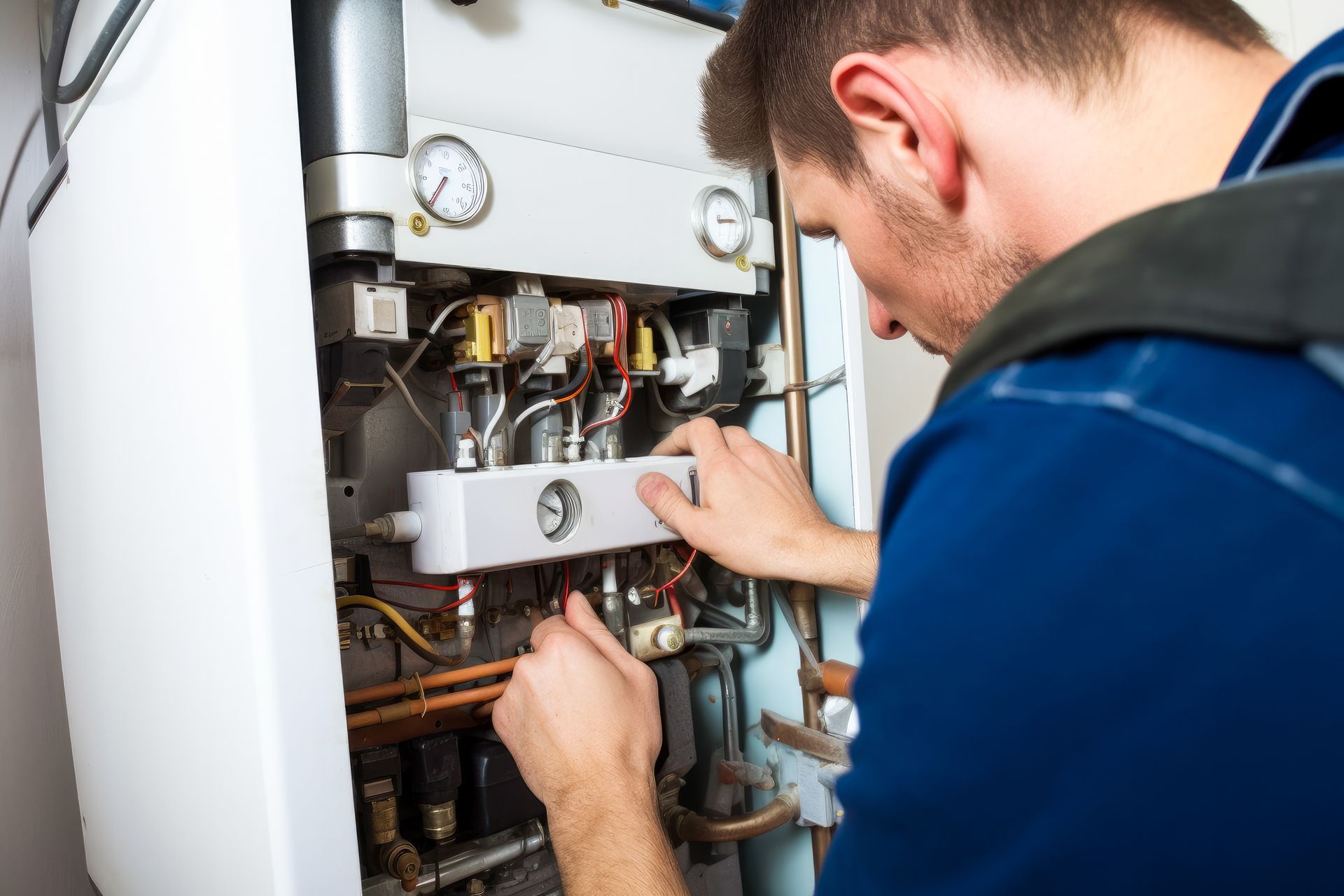 A man is fixing a boiler with a wrench.