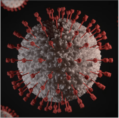 A close up of a virus with red spikes on a black background