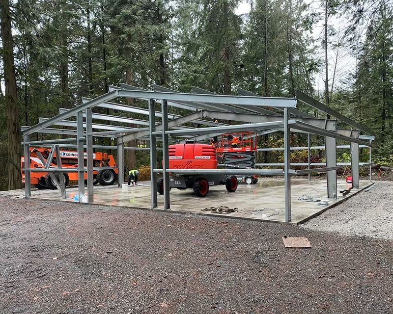 Skilled trades install steel framing at golf construction site in Vancouver